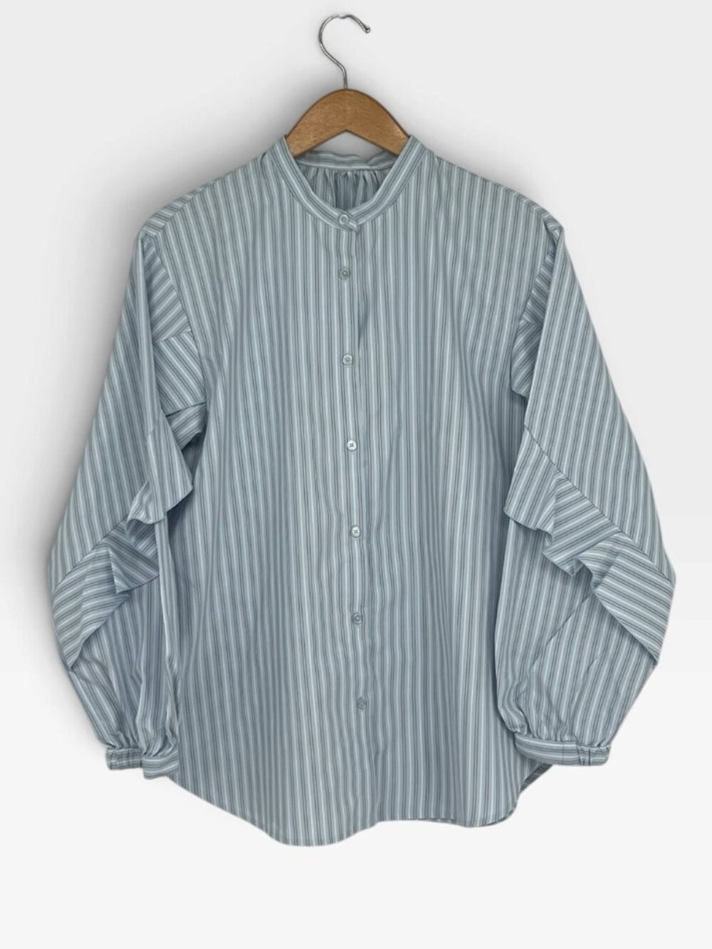 GU Japan Striped Ruffle Balloon Sleeve Blouse M Blue Band Collar Coastal Preppy